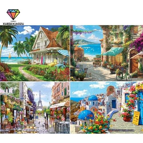 XUEQIXIAOZU Full Round Sea view house landscape Diamond drawing Diamond embroidery 5D DIY Diamond setting Home decoration gifts