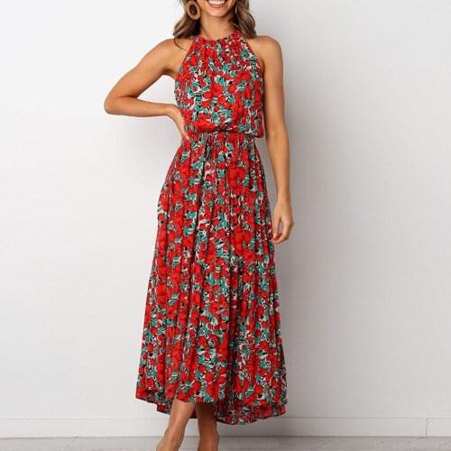 Fashion Womens Summer Dress Printing Dresses Casual Sleeveless Hanging Neck Floral Dress Bohemian Beach Sundress платье летнее