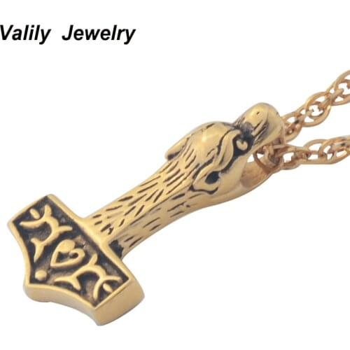 Mens Punk Biker Wolf Thor Hammer pendant necklace,Stainless steel Viking design Necklace,best gift for friendship