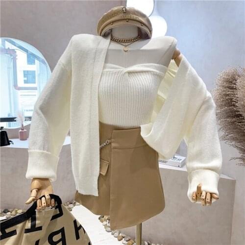 NEW Niche Design Womens Clothing 2021 Autumn Fashion Loose Lazy Style Knitted Cardigan Sweater Chest Wrap Top Two Piece Set