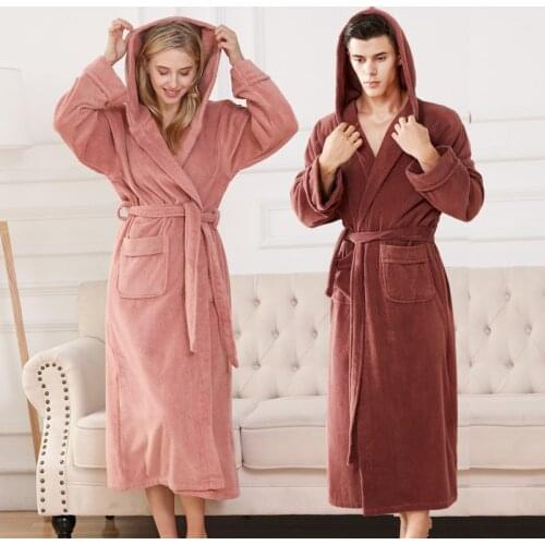 Solid Lengthen Hooded Robe Men Women Winter Toweling Terry Robe Cotton Bathrobe Soft Ventilation Sleeprobe Casual Homewear
