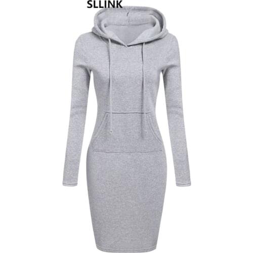 Autumn Winter Warm Sweatshirt Long-sleeved Dress Woman Clothing Hooded Collar Pocket Simple Casual lady Dress Vesdies Sweatshirt