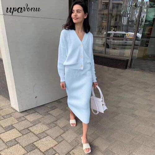 Free Shipping Casual Knit Pencil Skirt Set 2021 New Elegant V-neck Long Sleeve Knit Cardigan Jacket & Midi Skirt Two Piece Suit