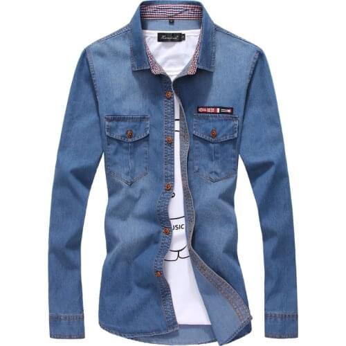 Plus Size Men Denim Shirts 5XL Cotton Turn-down Collar Pockets Camiseta Masculina 2018 Autumn Long Sleeve Blue Camisa Social