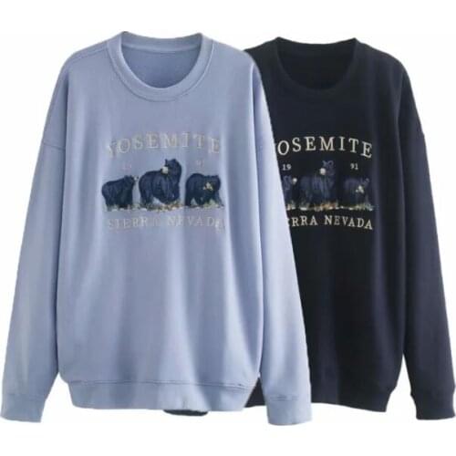 Oversize girls embroidery blue sweatshirts autumn fashion ladies elegant loose pullovers female cute sweatshirt women