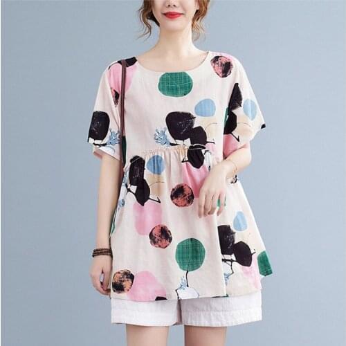 Loose Summer T Shirts Cotton Linen Print Floral Vintage Women Tops Patchwork Edible Tree Fungus Fashion Women Casual T Shirts