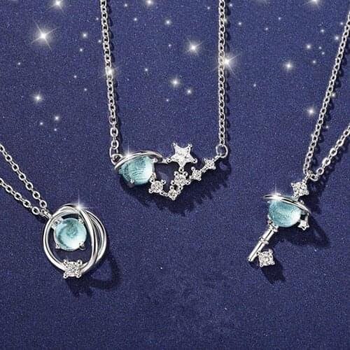 Creative Sliver Color Planet Key Aurora Pendant Necklace Fashion Halo Crystal Scale Light Necklace for Women Jewelry