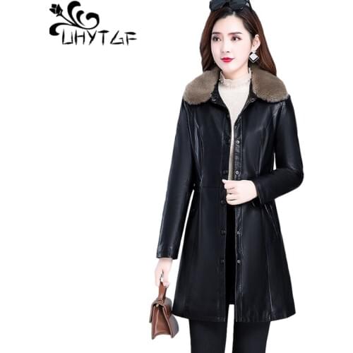 UHYTGF Quality PU Leather Autumn Winter Jacket Women Fur Collar Mid-Length Black Warm Windbreaker Female 5XL Plus Size Coat 1451