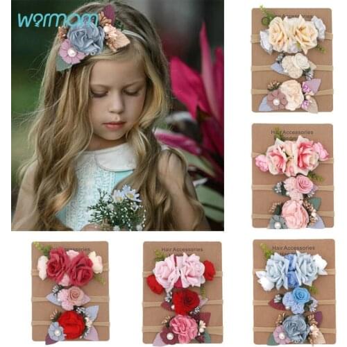 Warmom 3PCS Baby Girls Artificial Flowers Nylon Headband Headwear Set Kids Princess Bohemia Style Hair Accessories Child Gift