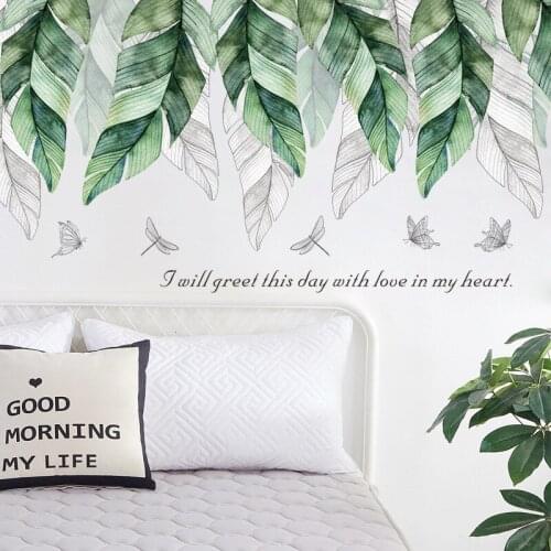 Green Leaves Wall Stickers for Home Bedroom Living Room Tropical Plants Wall Sticker Vinyl Wall Decals Door Murals Wallpaper