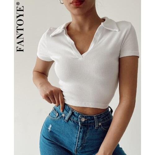 Fantoye Knitted Hollow Out Women T-shirt Black Short Sleeve Lace Up Turn-down Collar Tops Ladies Summer Skinny Basic Streetwear