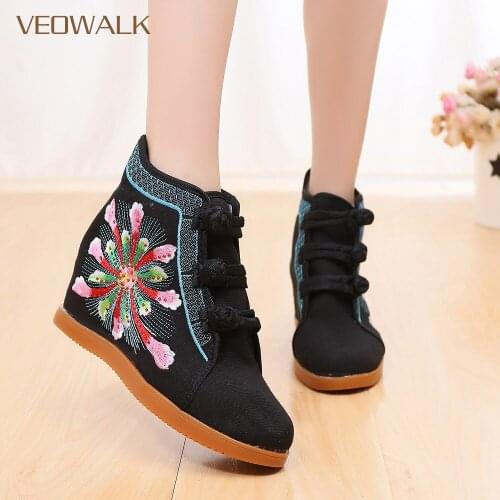 Veowalk Hidden Wedge Women Canvas Embroidered Booties Ladies Cotton Embroidery High Top Short Ankle Boots Woman Autumn Shoes