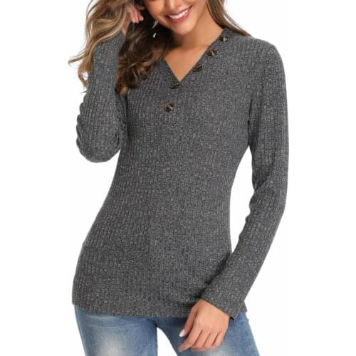 Womens V-Neck Ribbed Long Sleeve Jumper Pullover Casual Knit Tops Shirts