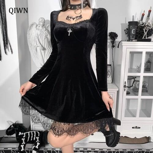 Goth Vintage Black Mini Dress Aesthetic Elegant Cross Pendant High Waist Dress Streetwear Long Sleeve Party Dresses