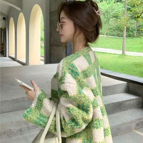 Women Autumn Winter Green Plaid Loose Lamb Wool Coat Jacket Button Up Overcoat Full Sleeve Outerwear Cardigan