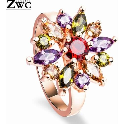 ZWC Fashion Charm Luxury Colorful Zircon Ring For Woman Girl Party Wedding Romance Austria Crystal Inlay Rings Jewelry Gift
