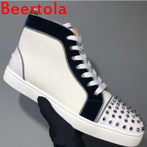 Brand Beertola New Mens Sneakers High Top Casaul Flats White Lace Up Espadrilles Men Leather Rivet Chaussures De Sport Homme