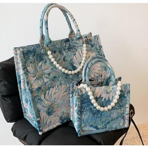 Designer Printing Canvas Shoulder Bag Large Capacity Womens Handbag Pearl Design Tote Bag Trendy Crossbody Bag Bolsa feminina