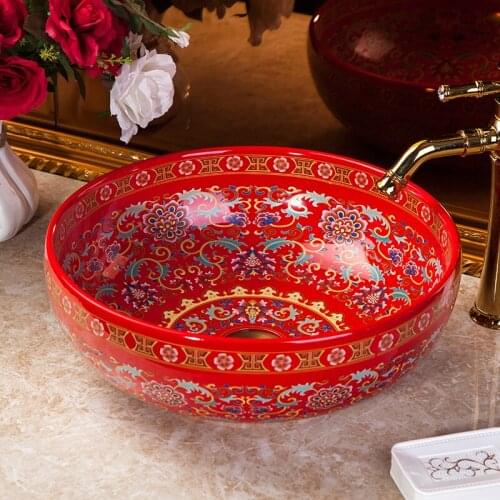 Bathroom Lavabo Ceramic Counter Top Wash Basin Cloakroom Hand Painted Vessel Sink bathroom sinks china ceramic wash basin red