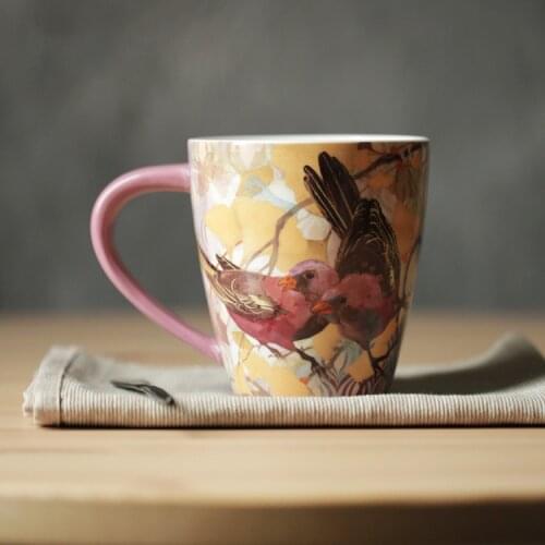 High Quality Ceramic Mugs 500ml Pink Handgrip Ginkgo Biloba Bird Printed Inside Coffee Mug Thicken Cute Cup Wholesale Drinkware
