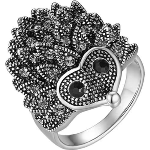 BONISKISS Lovely Black Hedgehog Shape Zircon Ring for Women Vintage Jewelry Birthday Wedding Party Gift