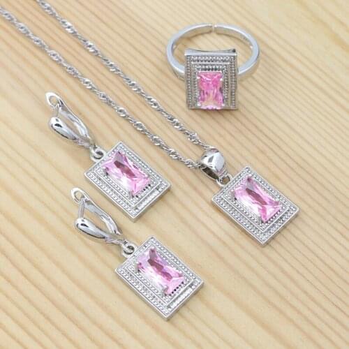 Square Pink Cubic Zirconia Earrings Ring Pendant Chain 925 Silver Jewelry Set Adjustable Ring for Woman