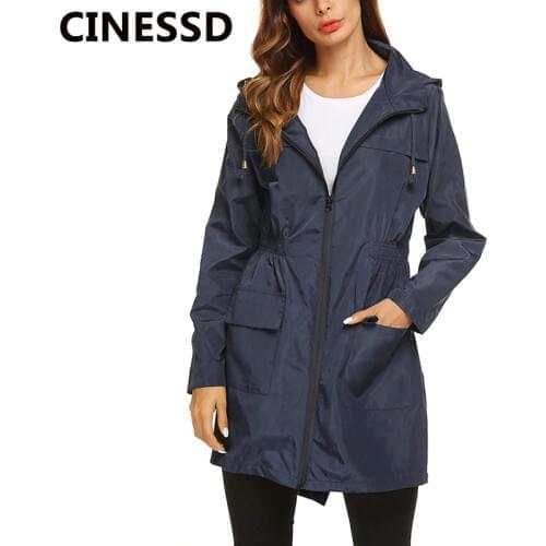 CINESSD Women Hooded Trench Coat Waterproof Jacket Black Outwear Cardigan Zipper Pocket Casual Windbreaker 2020 Solid Rain Coats