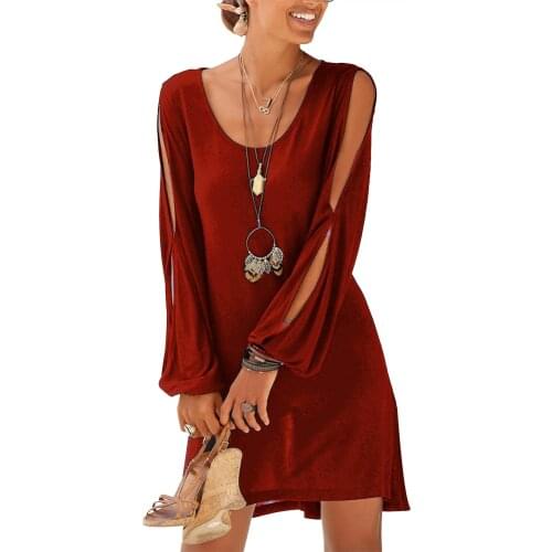 New Women Beach Cold Shoulder Long Sleeve U-Neck Mini Dress Solid Color Loose Blouse