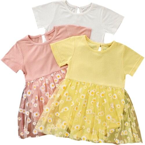 2021 Baby Summer Clothing Baby Ribbed Jumpsuits Daisy Print Mesh Dress, Girls Short Sleeve O-neck Knitted Romper Sundress