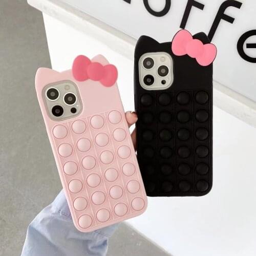 Cute Cat 3D Bow Tie Reliver Stress Phone Case for iPhone 12 Pro Max 11 X XR XS 6 7 8 Plus Push Bubble Soft Silicone Armor Cover