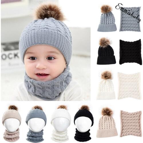 1-3Y Cream Baby Girl Boy Beanie Infant Winter Hat with Raccoon Fur Pom Pom Kids Wool Hat Caps+Scarf Warm Crochet Knit Hat 2pcs