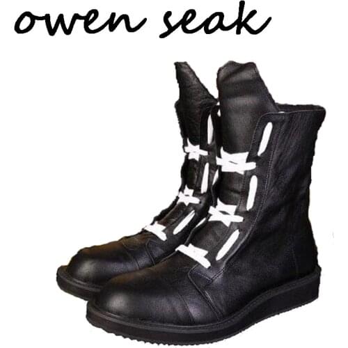 Owen Seak Men Boots Luxury Trainers Cow Leather Snow Boots Casual Winter Lace Up Zip Flats Black Sneakers Man Shoes