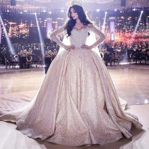 Dubai Crystal Luxury Wedding Dresses Scoop Neck Long Sleeves Sequined Ball Gown Vintage Wedding Dress Plus Size robes de mariée