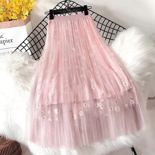 Korean Style Small Daisy Print High Waist 3 Layers Mesh Long Skirts Summer Sweet Pleated A- Line Skirt Casual Tulle Skirts 2021