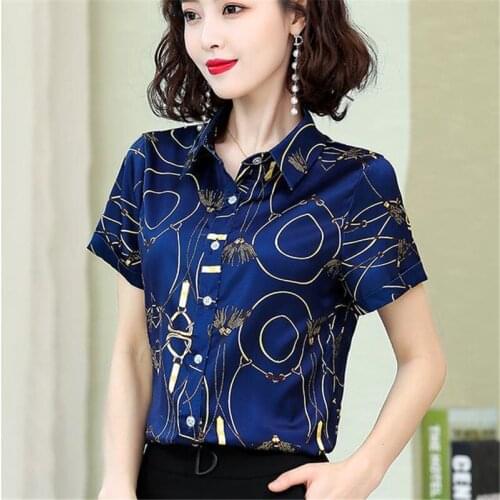 Satin Women Shirts Temperament Elegant Print Polo-Neck Short Sleeve Blouses Femme Stylish Summer Tops Blusesr MM0808