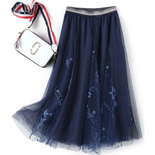 2021 Summer Skirt Female Embroidery Long Tulle Skirt Women Slim Big Swing Skirt Star Long Skirts Womens