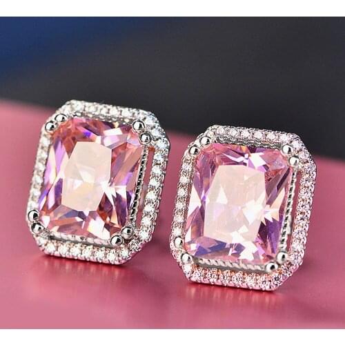Fashion square pink crystal AAA zircon diamonds gemstones stud earrings for women evening party white gold silver color jewelry