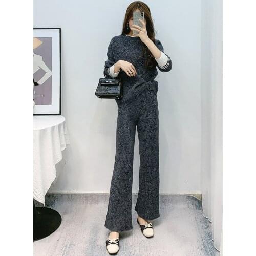 Ladies Real Wool cashmere sweater + long wide leg Pants Track Suits female elegant Knitted suits