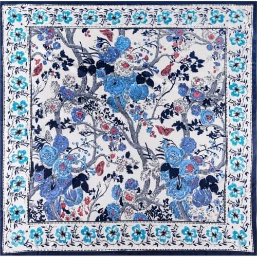 Silk Scarf Women Floral Print Stoles Square Scarves Wraps Large Bandana NecKerchief Lady Hijabs Female Silk Foulards 130CM