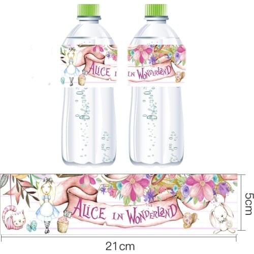 Omilut 12pcs Alice in Wonderland Stickers Alice Birthday Party Mineral Water Bottle Label Rabbit/Cat/Teapot Party Decor