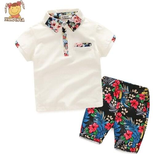 2Pcs/Sets Kids Outfits For Summer Boy Clothing Floral Short Sleeves Print Tops Shirt+Flower Shorts Suits Childrens Clothing