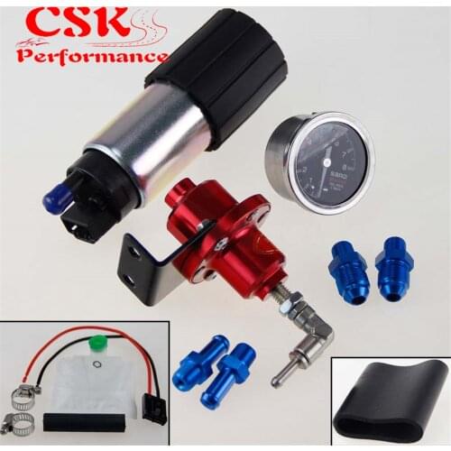 255 LPH EFI Fuel Injection Pump/Tank +140 PSI Pressure Regulator+Oil Gauge Kit Black/Blue/Red