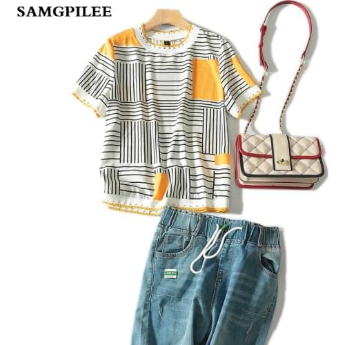 Kpop Promotion Tumblr 2020 New Summer Casual Chiffon Sleeve Appliques Striped O-neck Women T-shirts L-3xl