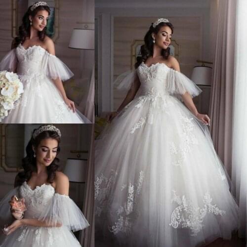 Princess Ball Gown Wedding Dresses Off Shoulder Lace up Back Sweep Train Appliques Beads Chapel Garden Bridal Gowns vestidos de
