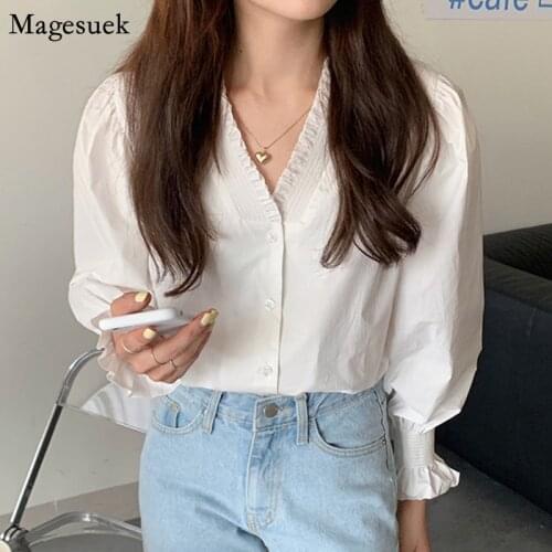Vintage Puff Sleeve White Blouse Women 2021 Spring Cotton Pleated Female Shirts V-neck Loose Office Ladies Tops Blouses 13156
