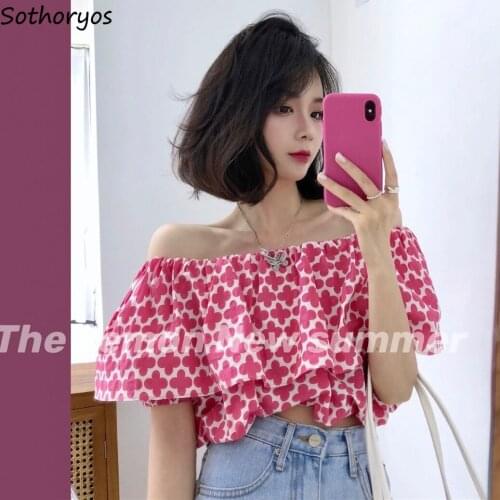 Floral Shirts Women Off-shoulder Sexy Crop Tops Summer All-match Korean Style Womens Blouses Ins Slim Beach Fashion Sweet New