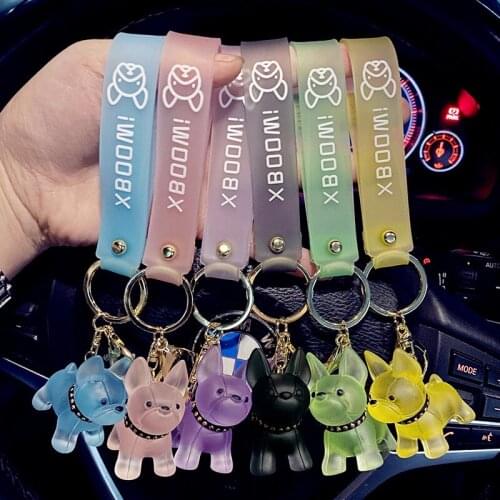 Cartoon Punk French Bulldog Keychain Crystal Dog Doll Pendant Key Ring Resin PU Leather Rope Keyfob Women Bag Charm Accessories