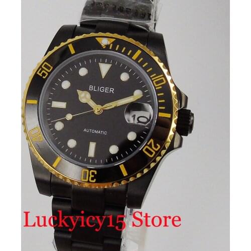 BLIGER Luxury Black Gold Coated Automatic Men Watch Sapphire Crystal NH35 MIYOTA 8215 Movement