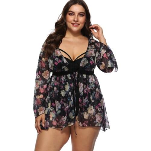 Floral Chiffon Cover Ups Mesh Beach Dress Long Sleeves Beach Cover Up Women Swimsuit Bikini Cover Up Plus Size Beachwear 2019