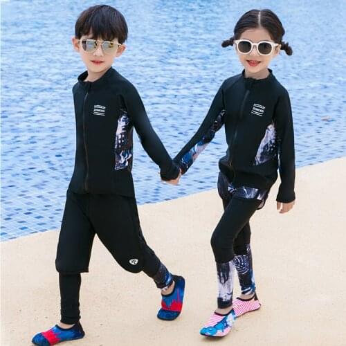 Kids Rashguard Swimsuit Girl Boy 3 Piece Long Sleeve Wetsuit front Zipper Pants Shorts Surfing black print Bathing Sport Suit